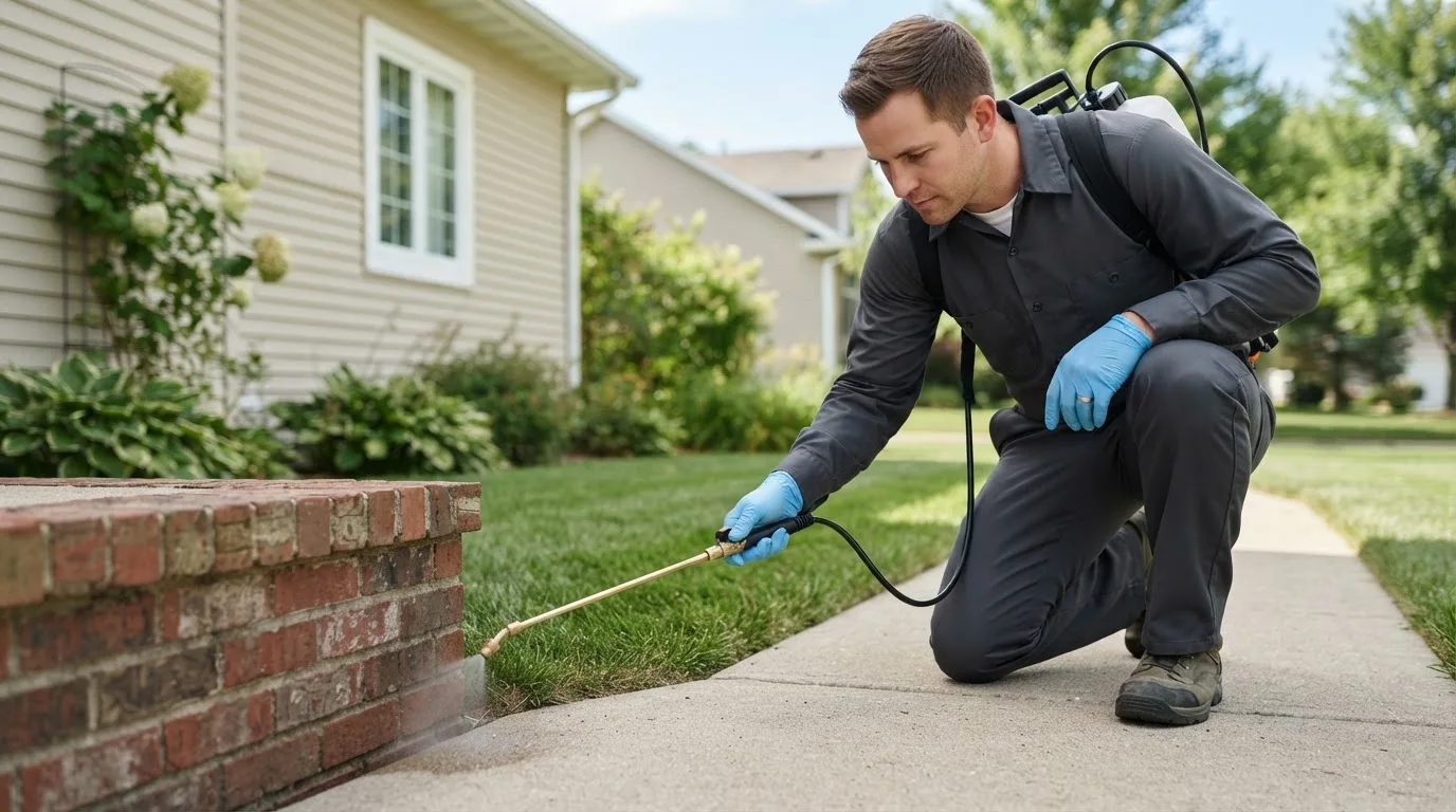 Pest control technician treating a home near Corcoran, CA